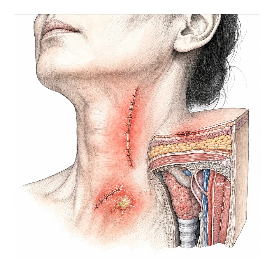 علت تورم محل بخیه یک هفته پس از جراحی گردن — طبیعی است یا نیاز به درمان؟