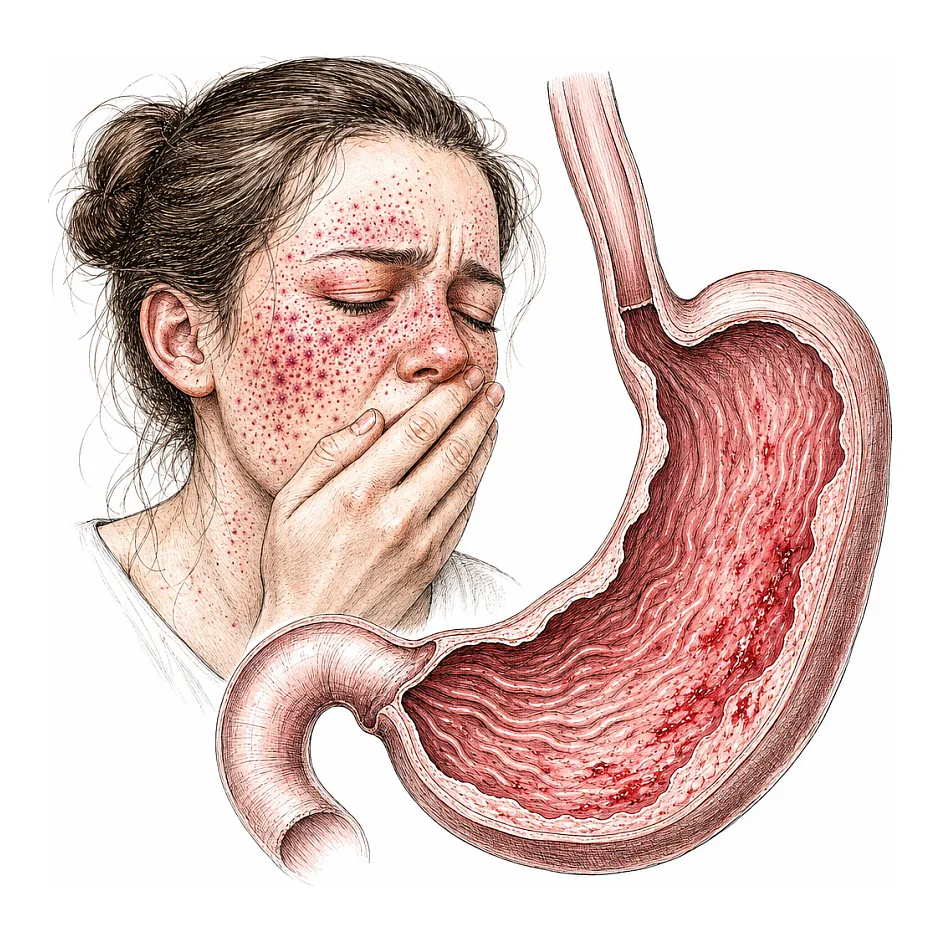 استفراغ و لکه‌های قرمز صورت (پتشی)